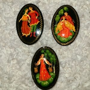 Russian brooches lacquer fork art set of three